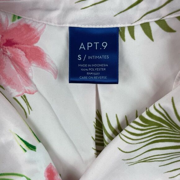 Apt.9 Intimates Sz S Pink Satin Button Up Pajama Shirt Tropical Floral Collared - Picture 3 of 5